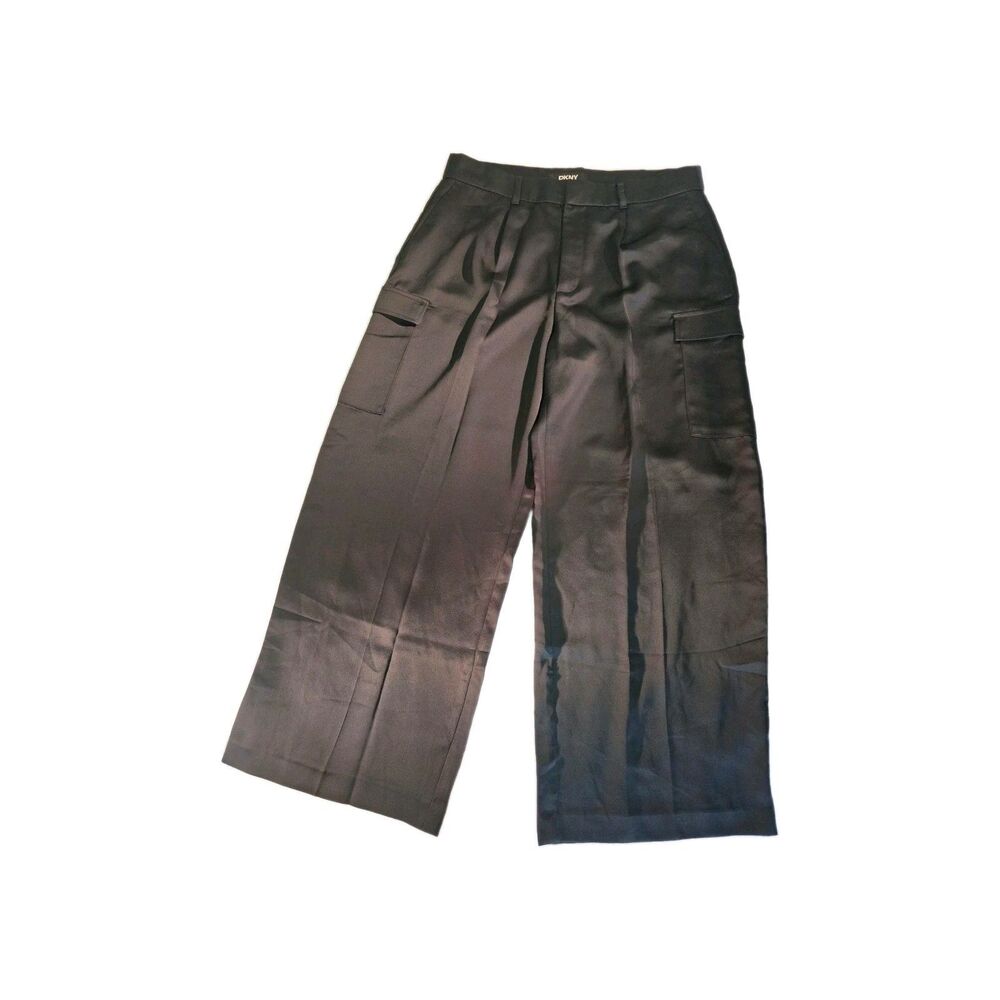 DKNY Women Black Solid Wide-Leg Black Cargo Pocket Pants Size 6